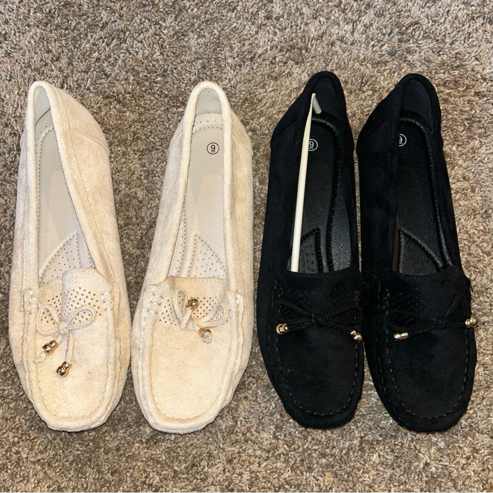 2 Pair New Black & Cream Unbranded Slip On Faux Suede Women’s Shoes Sz 9